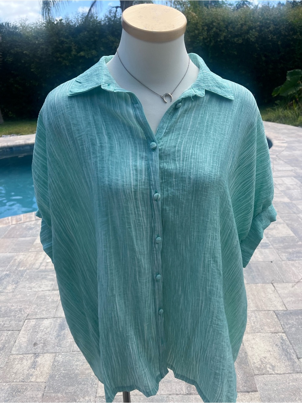 Umgee Aqua Seafoam Crinkle Oversized Dolman Button Down Blouse S